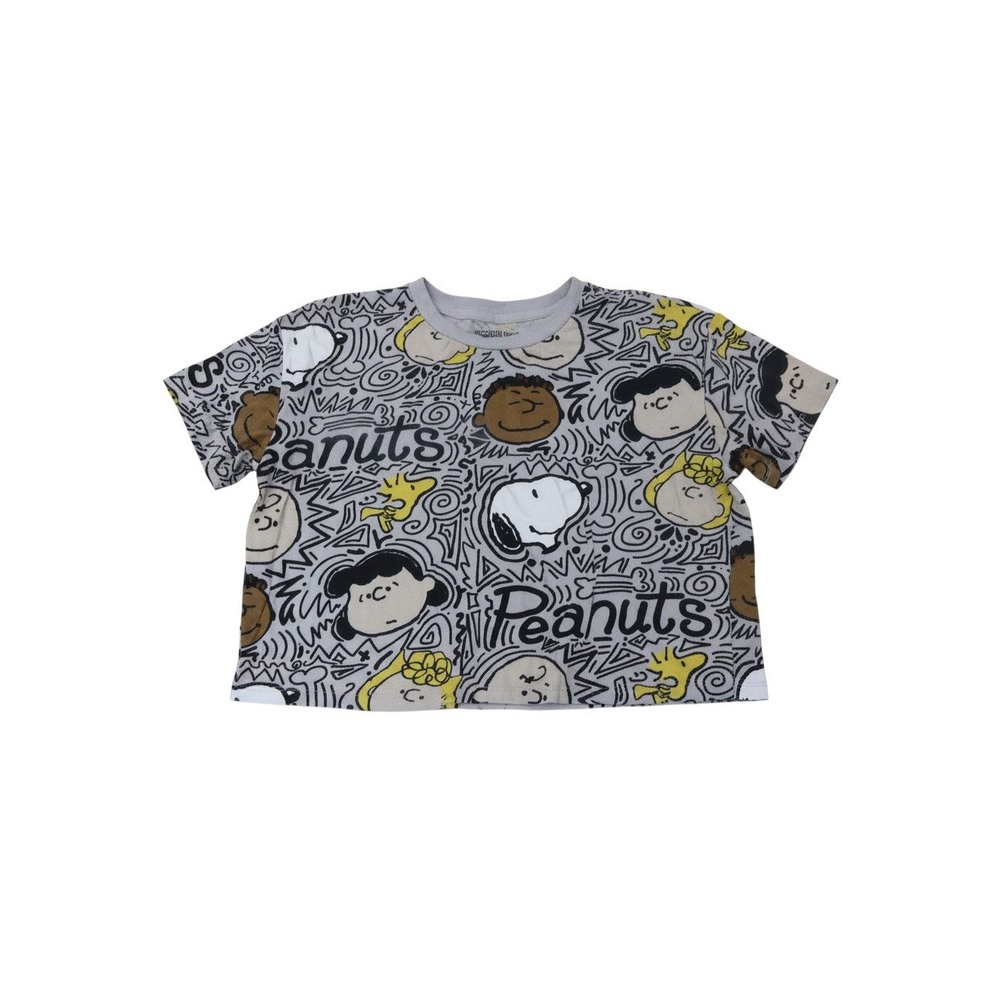 Peanuts Graphic T-Shirt Womens M Grey All Over Print Snoopy Woodstock Cropped